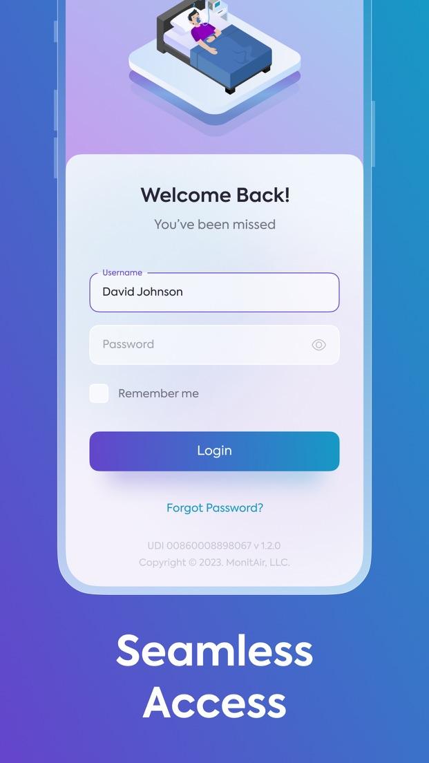 MonitAir Health login screen with username, password, and a Login button
